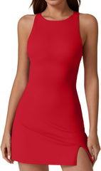 QINSEN Womens Crewneck Criss Cross Open Back Tennis Dress Sleeveless Built in Shorts Golf Athletic Dresses with Pockets