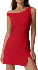 QINSEN Womens One Shoulder Sleeveless Tennis Dress Built in Shorts Golf Athletic Dress with Pockets