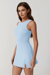 QINSEN Womens Crew Neck Tennis Dress Sleeveless Side Slit Golf Athletic Dress Build in Shorts with Pockets