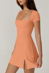 QINSEN Womens Square Neck Tennis Dress Short Sleeve Built in Shorts Golf Athletic Dress with Pockets