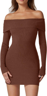 QINSEN Women's Off The Shoulder Ribbed Knit Sweater Dress Folded Neck Long Sleeve Mini Dress 2024 Trendy Fall Outfits