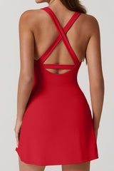 QINSEN Womens Crewneck Criss Cross Open Back Tennis Dress Sleeveless Built in Shorts Golf Athletic Dresses with Pockets