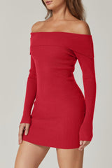 QINSEN Women's Off The Shoulder Ribbed Knit Sweater Dress Folded Neck Long Sleeve Mini Dress 2024 Trendy Fall Outfits