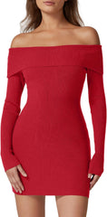 QINSEN Women's Off The Shoulder Ribbed Knit Sweater Dress Folded Neck Long Sleeve Mini Dress 2024 Trendy Fall Outfits
