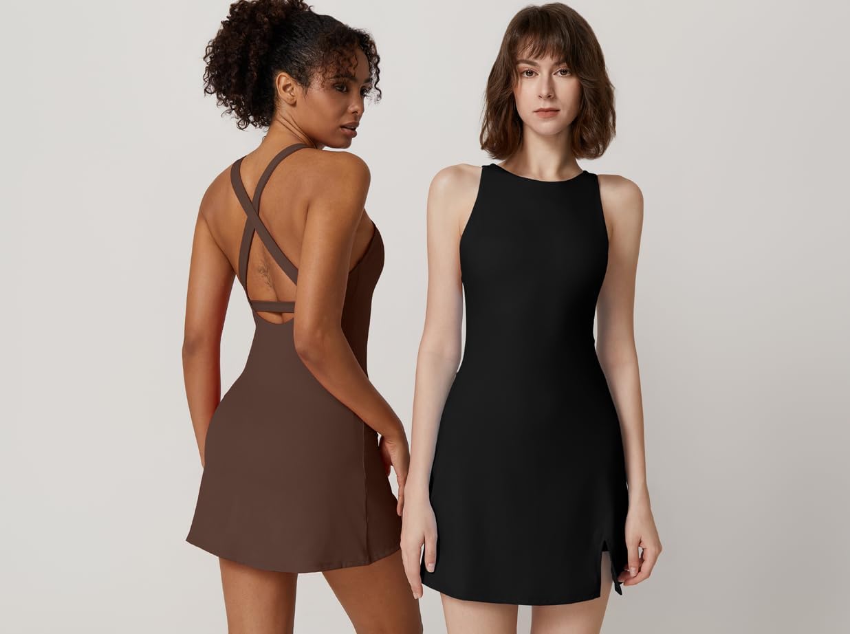 QINSEN Womens Crewneck Criss Cross Open Back Tennis Dress Sleeveless Built in Shorts Golf Athletic Dresses with Pockets