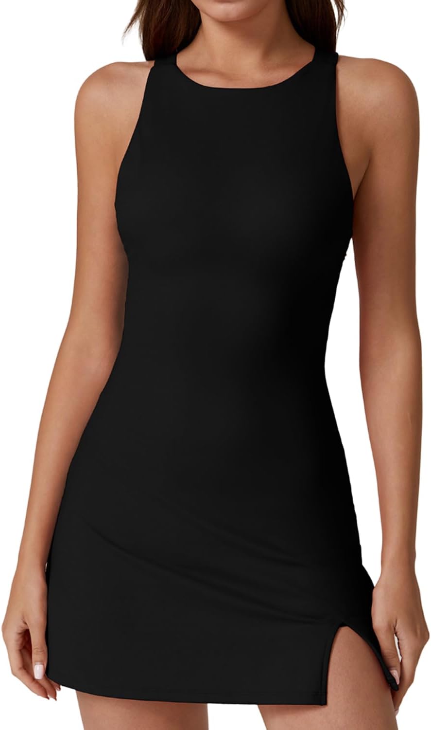 QINSEN Womens Crewneck Criss Cross Open Back Tennis Dress Sleeveless Built in Shorts Golf Athletic Dresses with Pockets