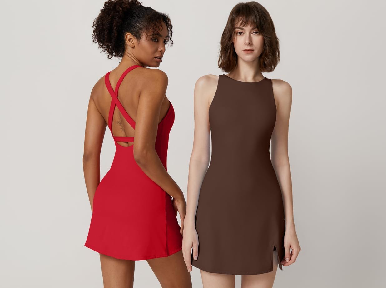 QINSEN Womens Crewneck Criss Cross Open Back Tennis Dress Sleeveless Built in Shorts Golf Athletic Dresses with Pockets